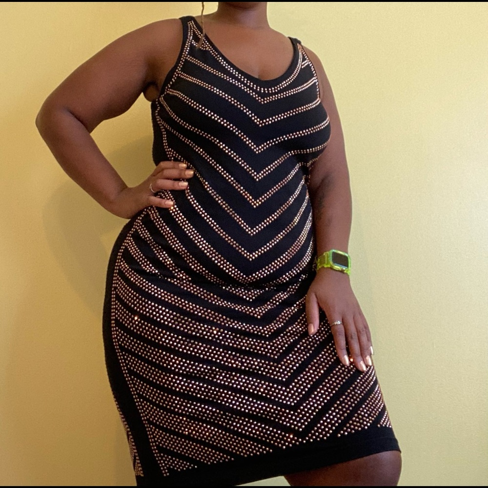 Black studded plus sized body con holiday dress